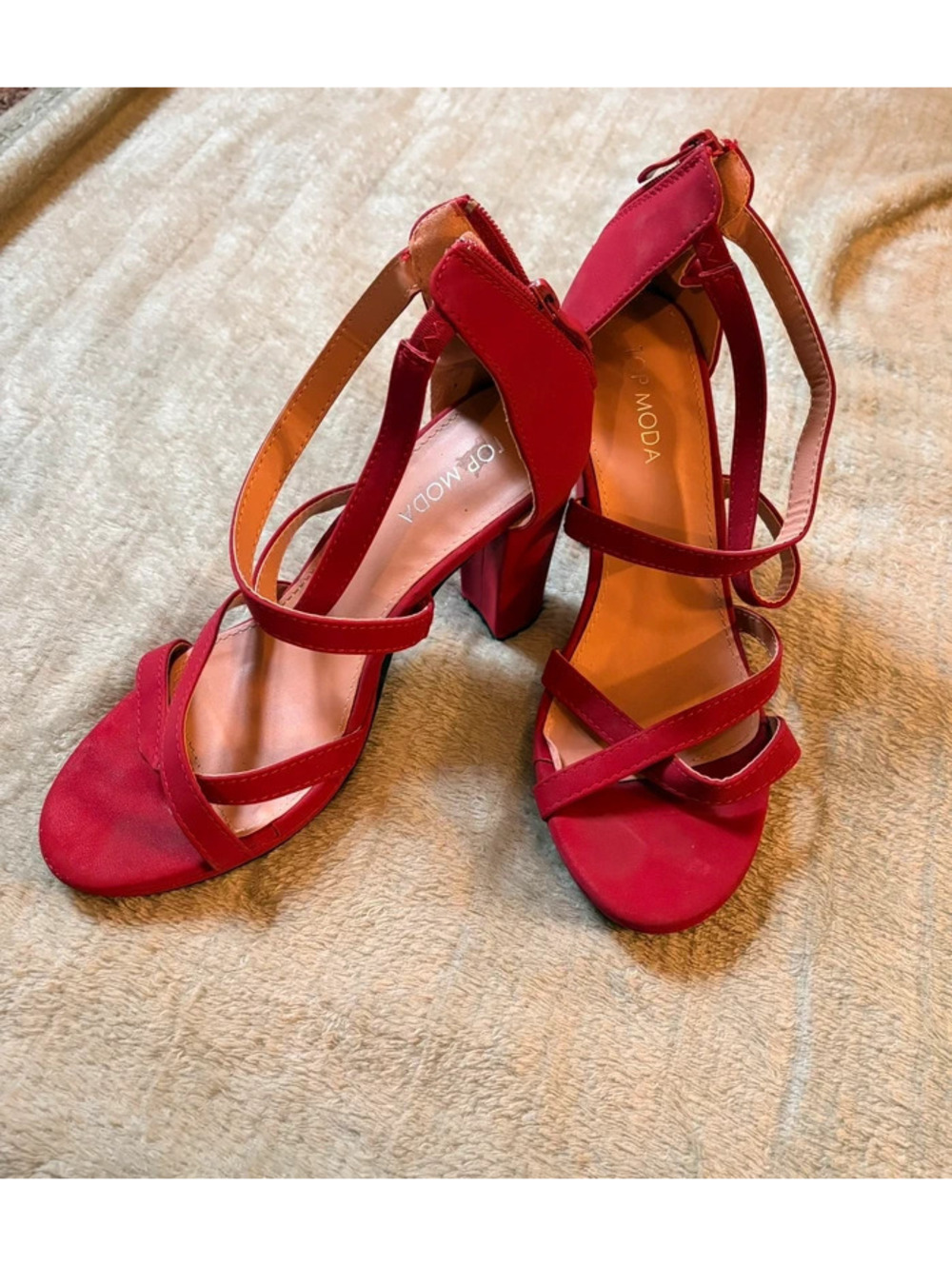 Red suede strapped crossover chic heels